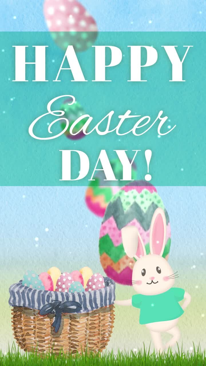 Happy Easter Day Greeting with Cartoon Bunny and Falling Eggs