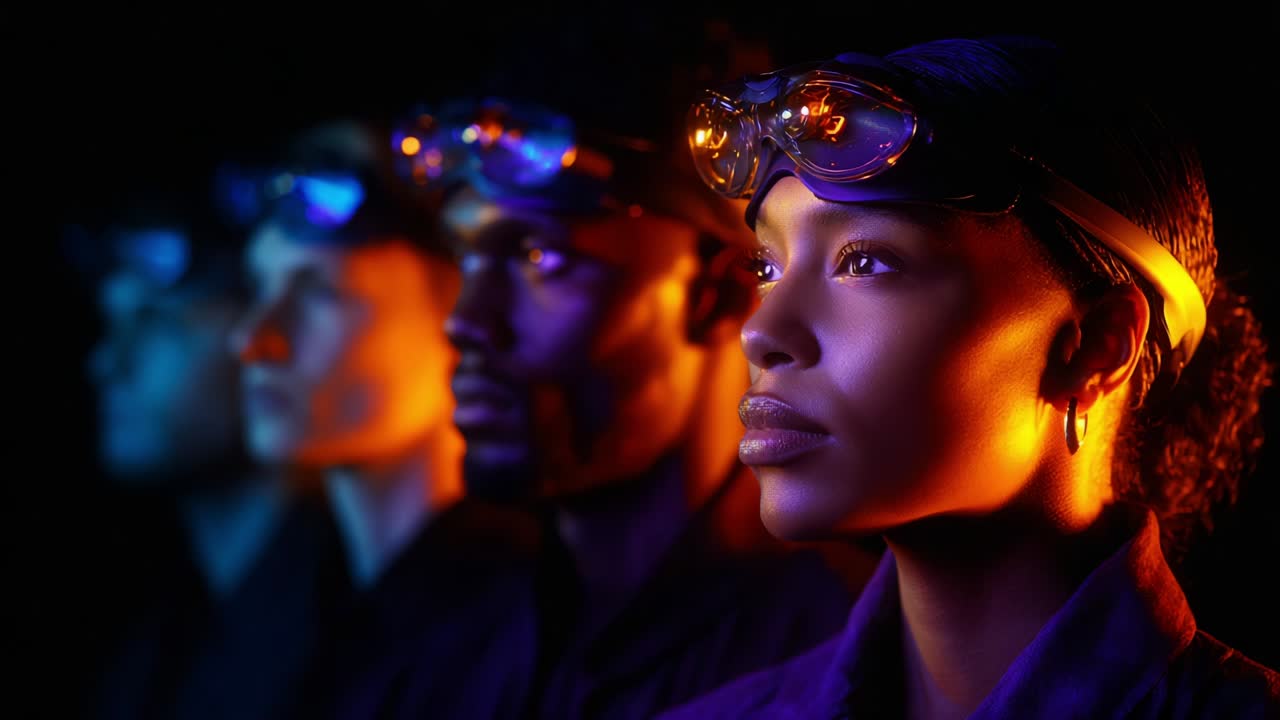 A Diverse Group of Individuals in Focused Contemplation, Wearing Protective Eyewear and Illuminated by Neon-Hued Lighting, Representing Determination and Unity in Professional Workspaces