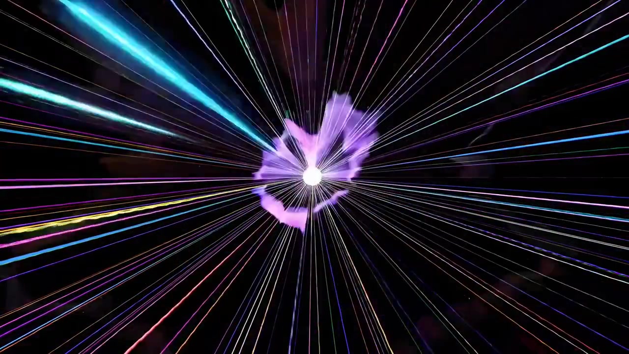 Raggi di luce colorati dinamici che turbinano in uno spazio astratto scuro