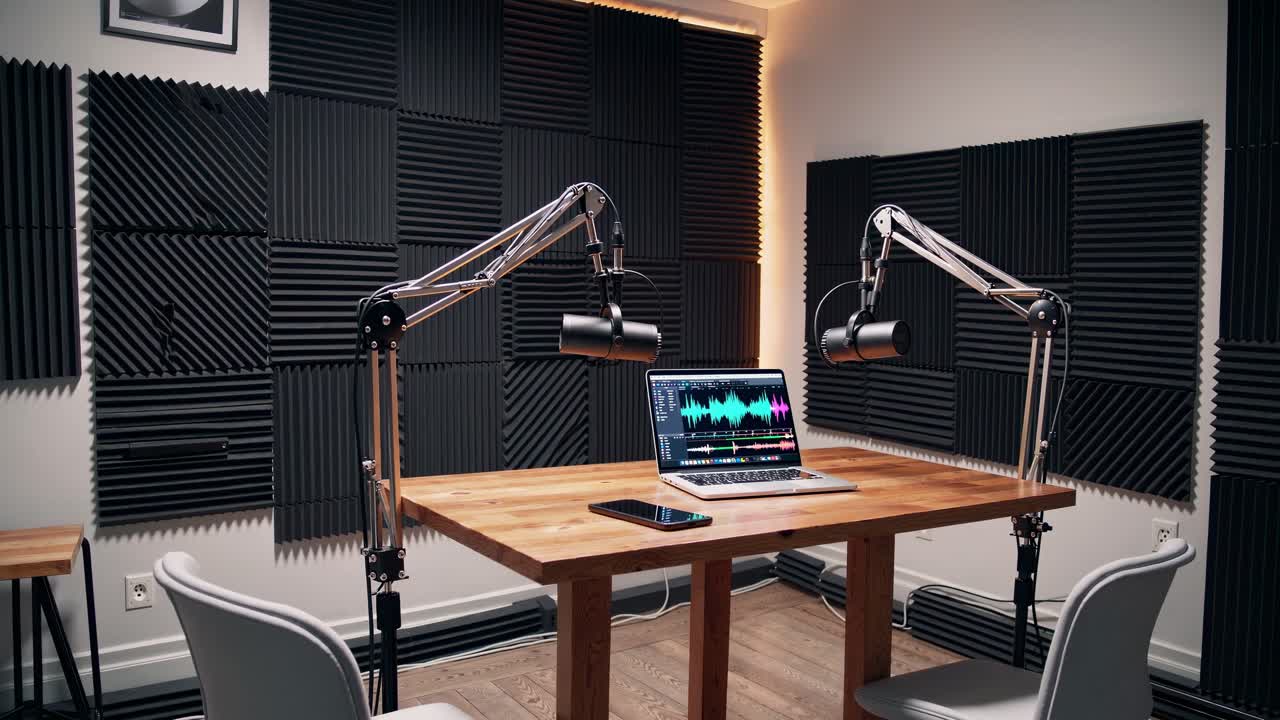 Wide-angle shot of a modern podcast studio with two microphones, laptop displaying audio waves