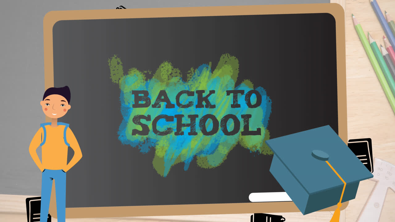 Animation of back to school text on board over notebooks