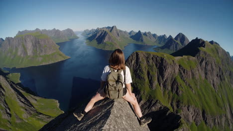 person admiring a breathtaking fjord landscape from a mountain summit