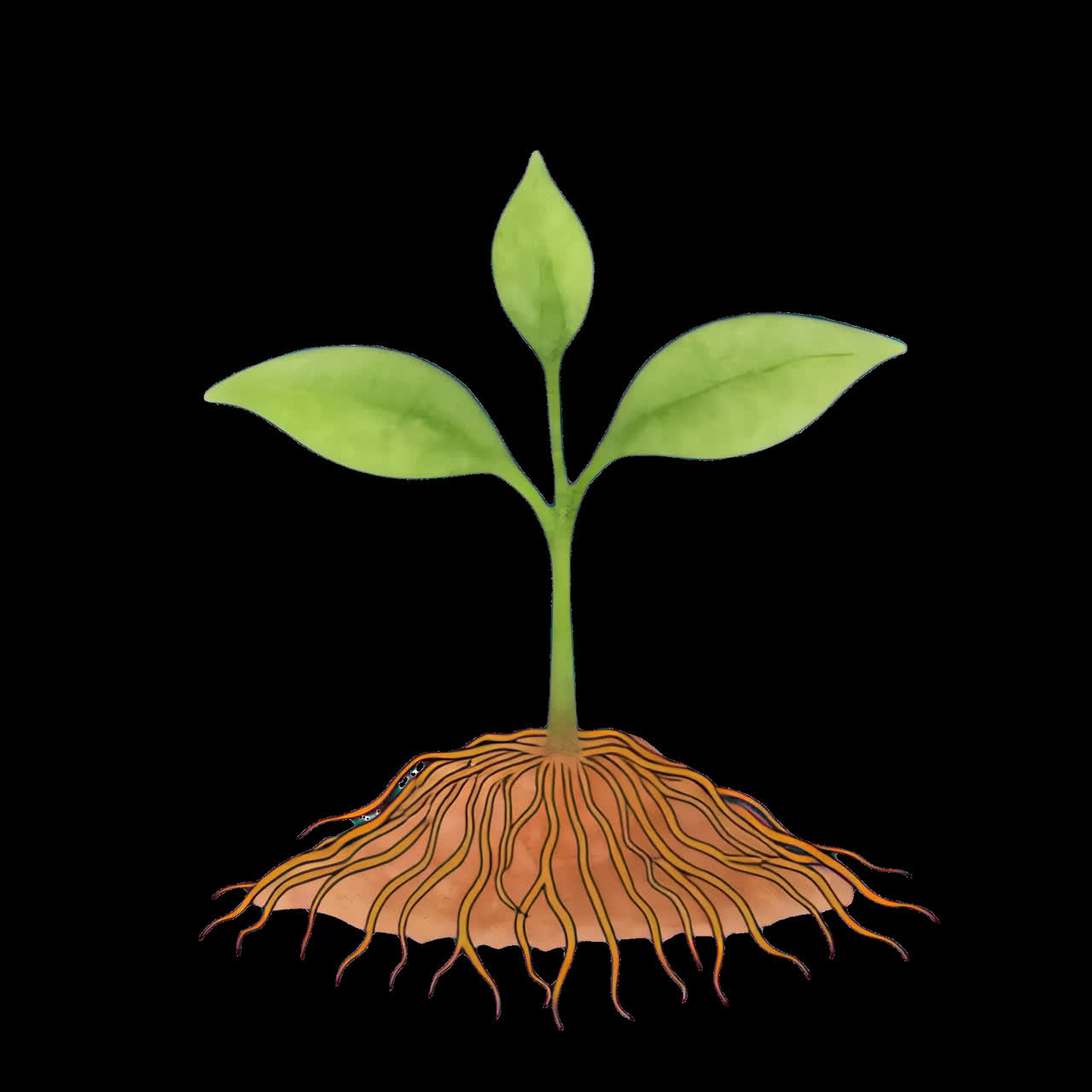 Sprouting plant with roots animation isolated asset, transparent 4K video, alpha channel, ProRes