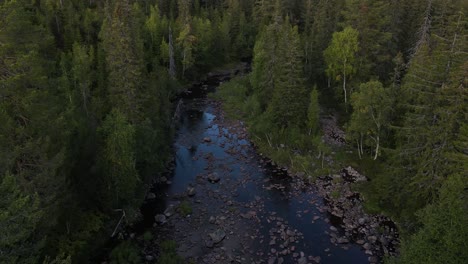 Volando-Sobre-El-Río-Del-Bosque.-Noruega-Del-Sur,-Imágenes-De-Drones