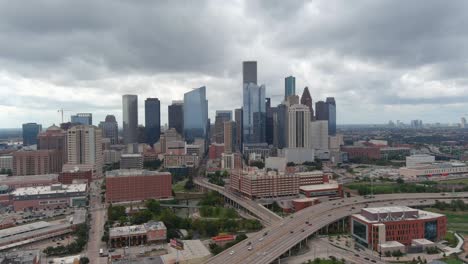 establishing aerial shot of downtown houston cityscape
