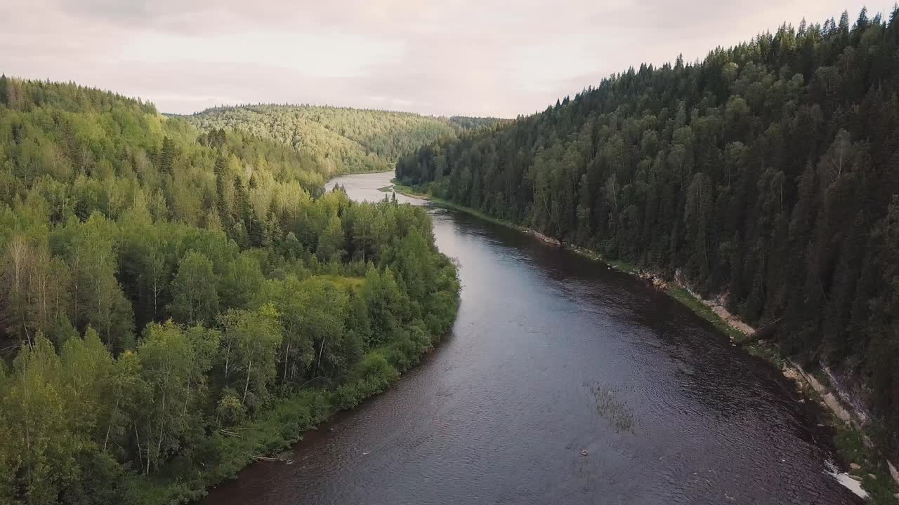 Joki kiemurtelee rehevän metsän läpi