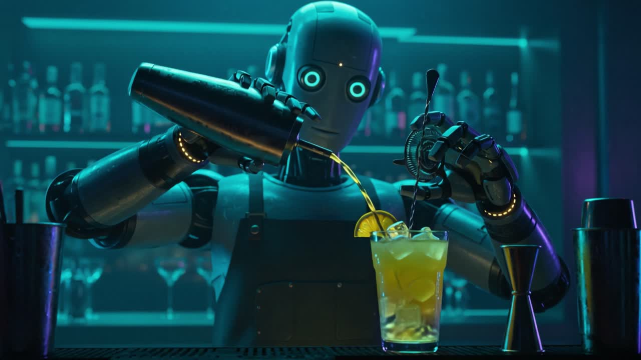 A Futuristic Robot Bartender Perfectly Mixing a Colorful Cocktail with Precision in a Stylish, Neon-Illuminated Bar Setting