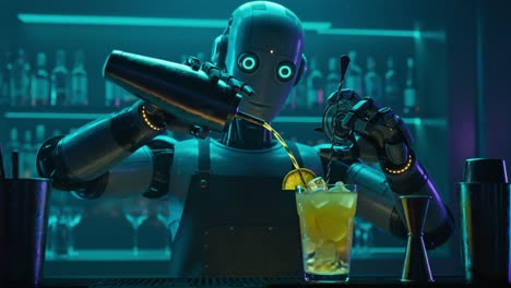 a futuristic robot bartender perfectly mixing a colorful cocktail with precision in a stylish, neon-illuminated bar setting
