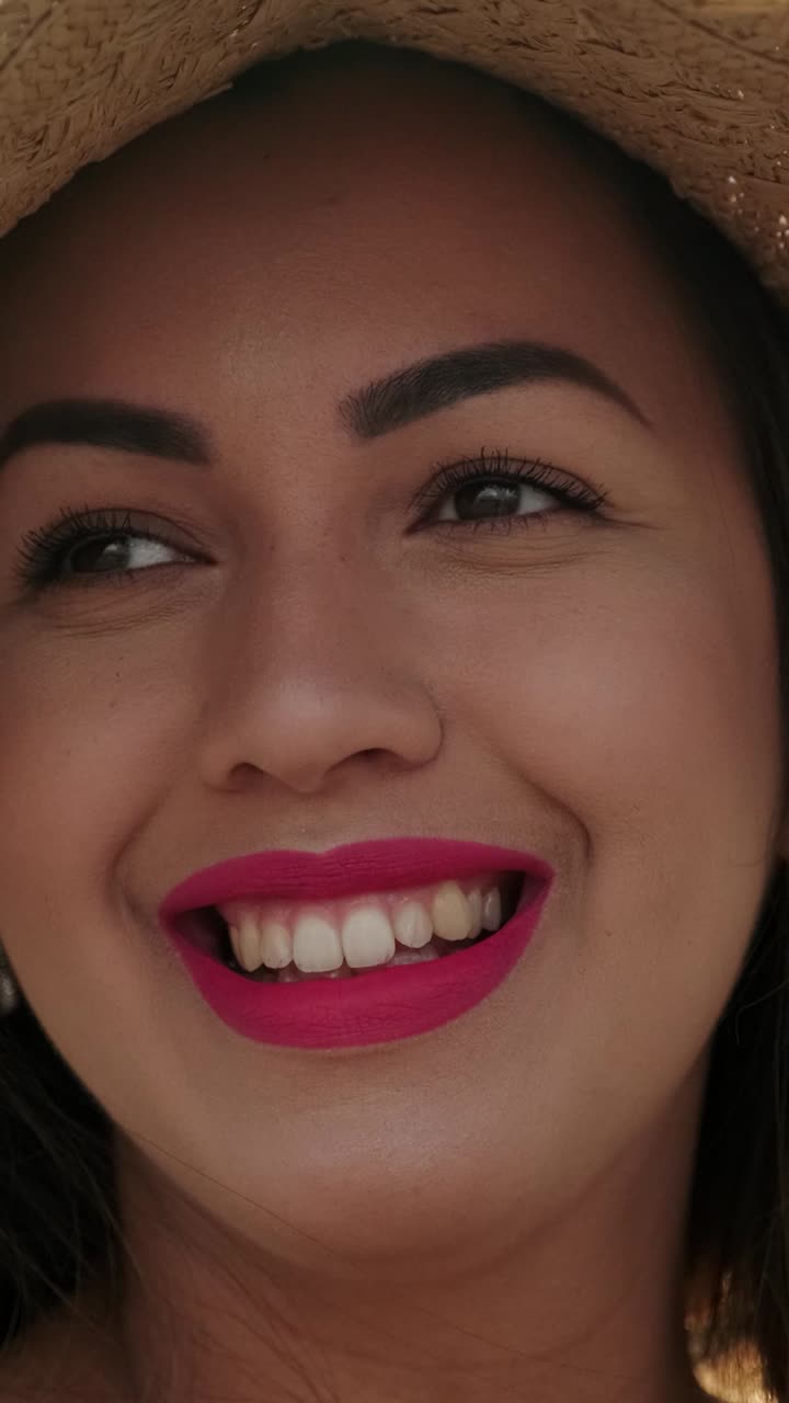Smiling woman with lipstick wearing a straw hat