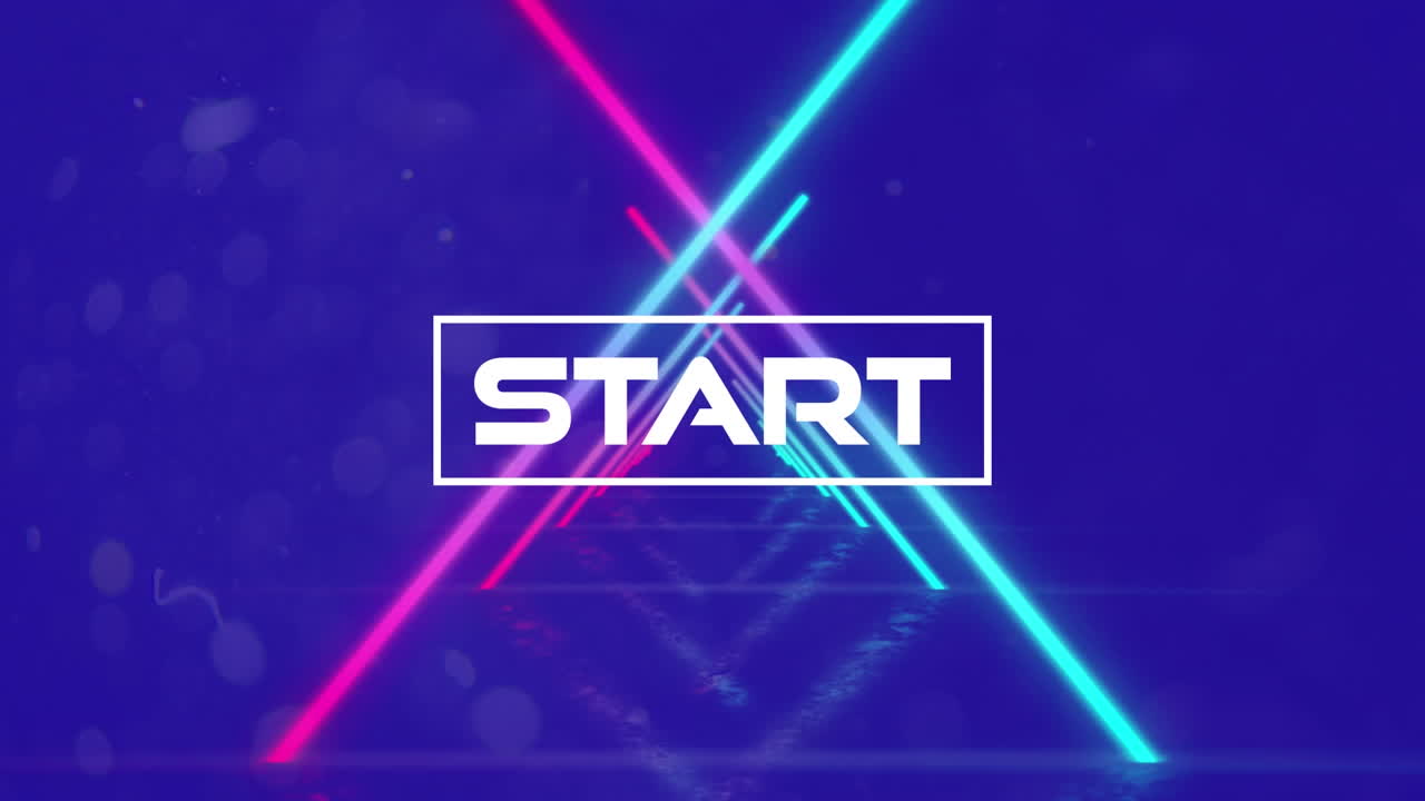 Animation of start text over neon lines and purple background