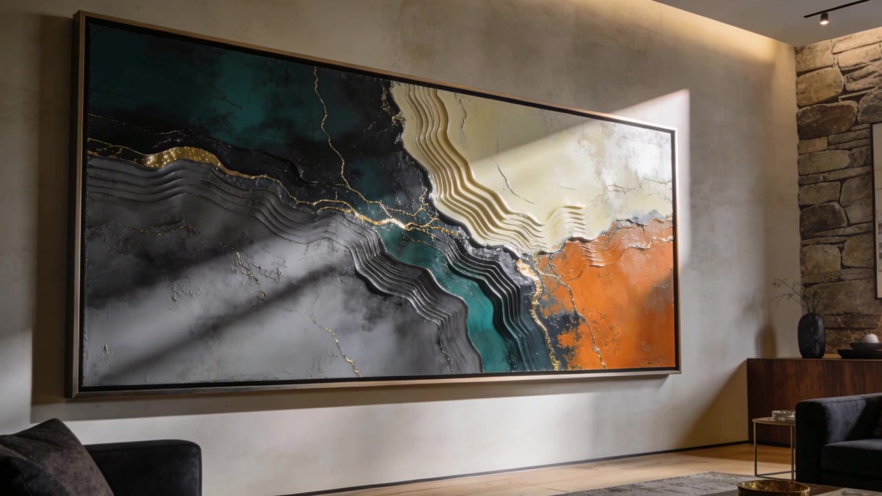 Sun entering right window casting shadows over framed abstract painting and console in living room