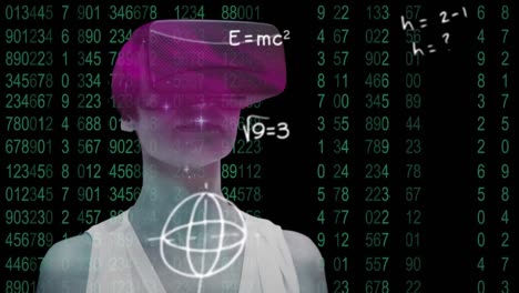 ecuaciones matemáticas y símbolos contra la mujer usando auriculares vr sobre codificación binaria