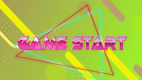 animation of game start text in pink metallic letters over abstract shapes on yellow background