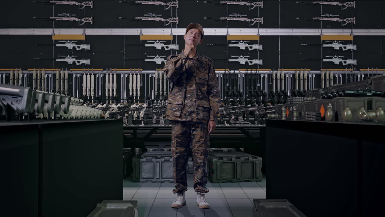 uomo asiatico soldato a figura intera che pensa a qualcosa e si guarda intorno nell'armeria militare