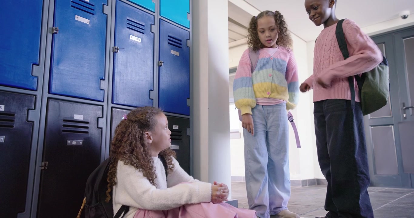 Des filles afro-américaines entrant dans le couloir, s'approchant d'un enfant assis près des casiers, vérifiant son téléphone avant de partir.