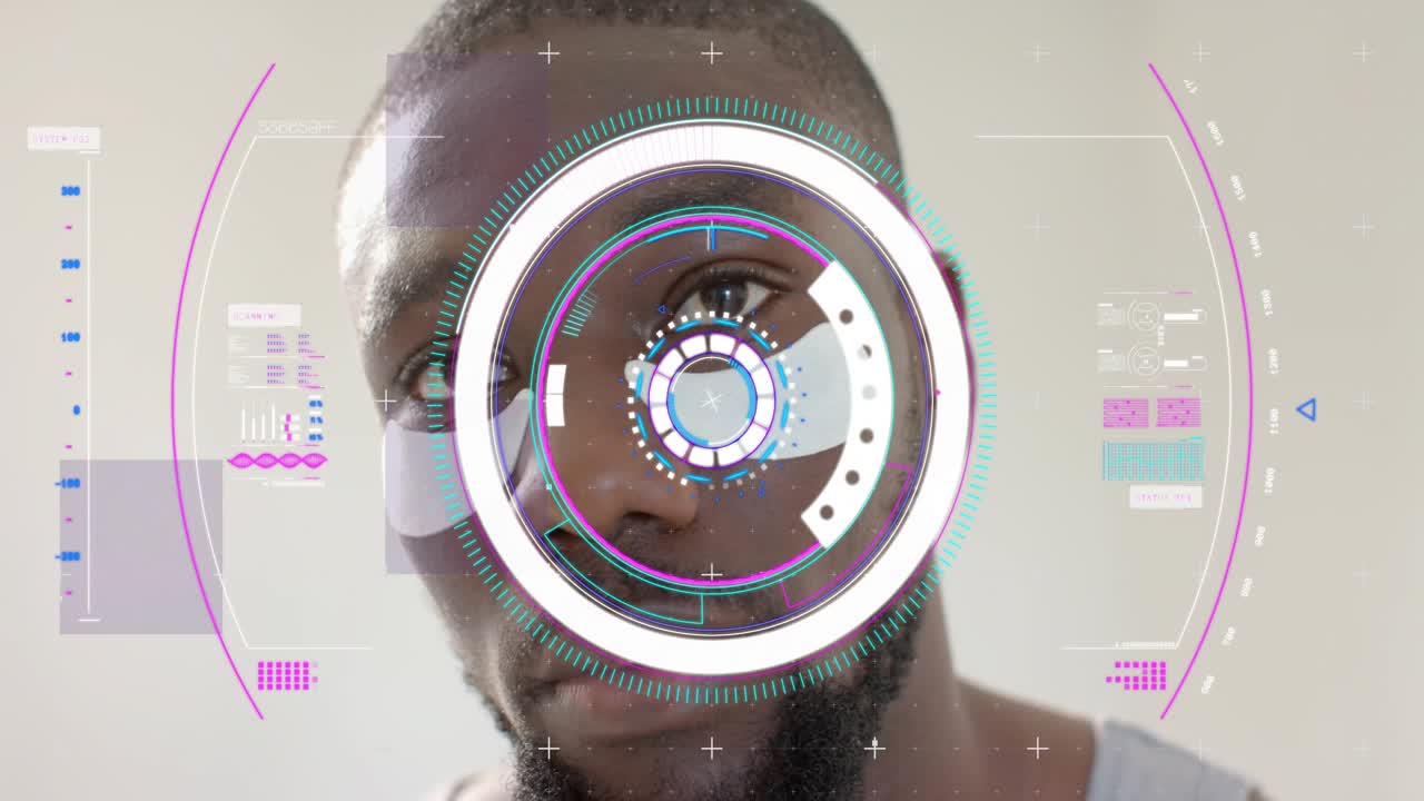 Man lifting patch, positioning and smoothing under-eye patches for skincare, HUD guiding placement