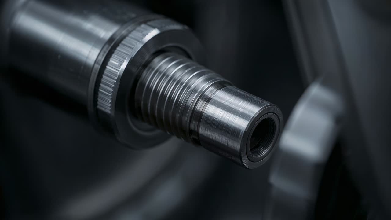 Rotating metal shaft responding to camera shift on lathe, showing threaded bore and knurled ring