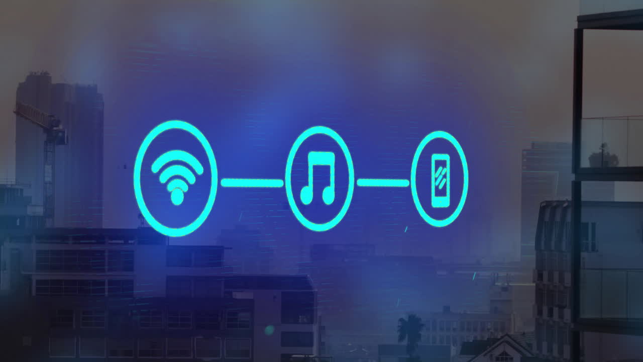 animación de la red de wifi y iconos de medios sobre la ciudad por la noche