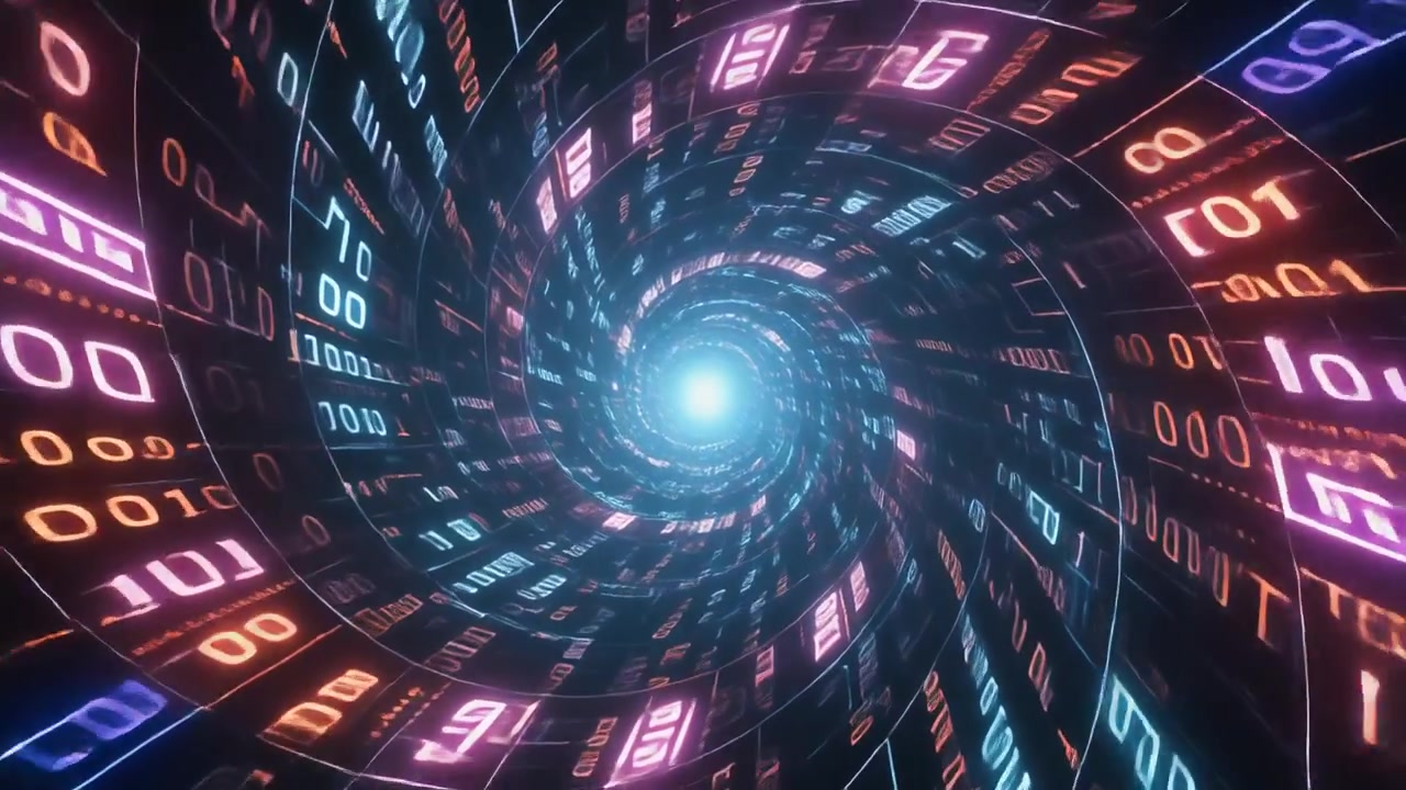 Digital Data Tunnel with Glowing Binary Code Animation