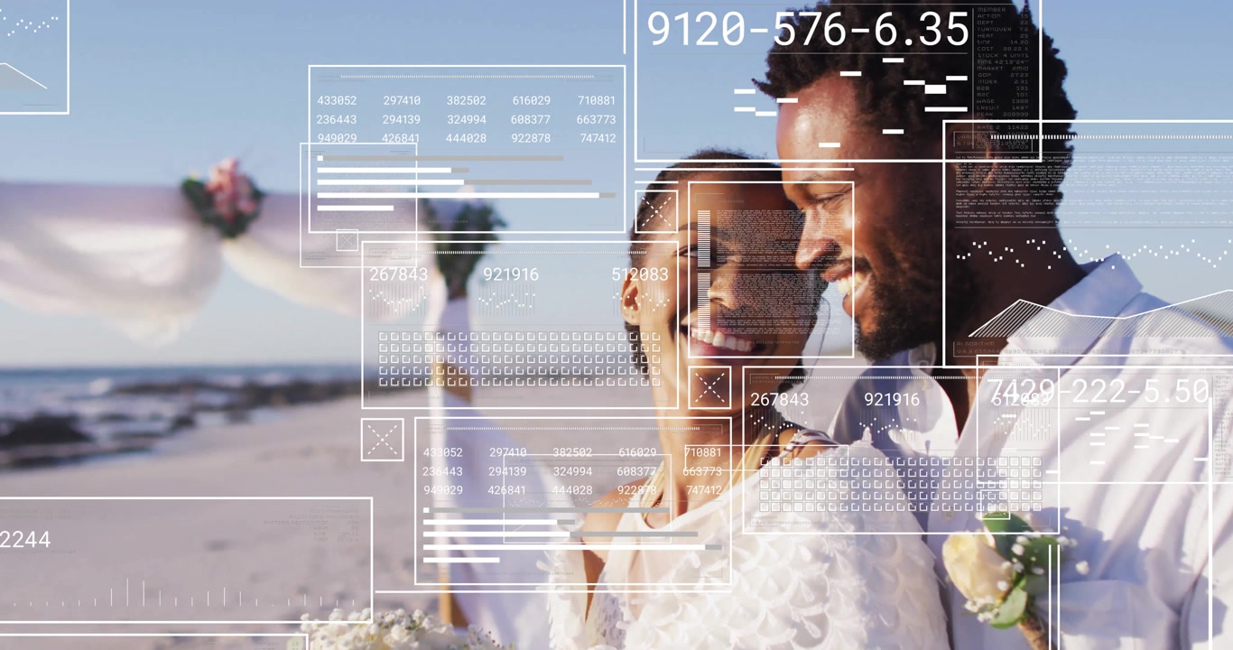 Newlywed couple posing beach, starting AR overlaying wedding data on bride face, groom boutonniere
