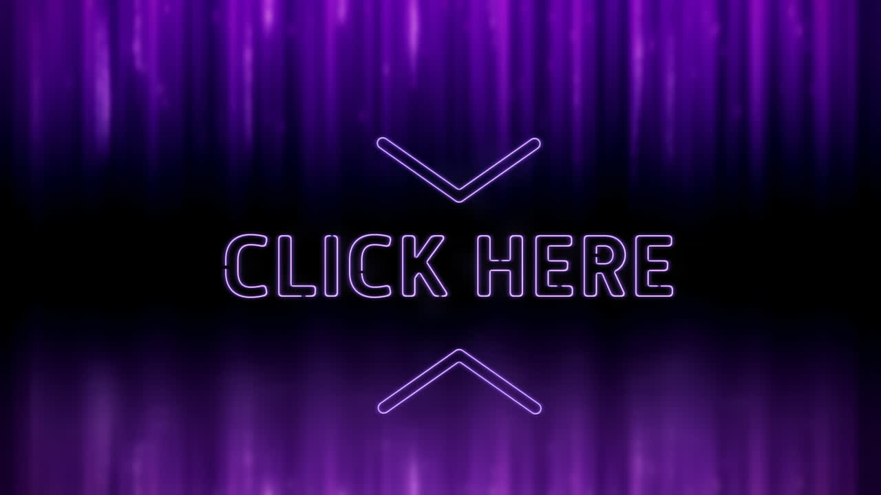 animación de palabras de estilo neón haga clic aquí y flechas parpadeando en fondo púrpura oscuro