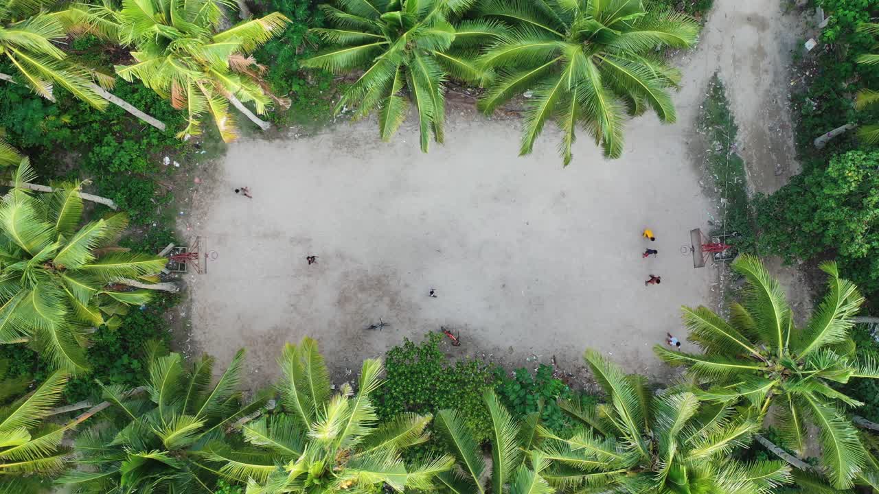 Vista aerea statica dall'alto di persone che giocano a basket su terreno pianeggiante nel profondo di una foresta di palme.