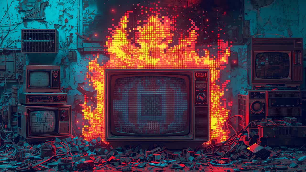 Flamme stiger op bag vintage CRT-fjernsyn, opvarmer stablede CRT'er, rygende kabler i et skrotværksted.