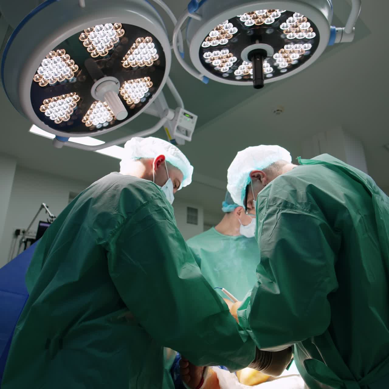 Vista posteriore di due chirurghi chini sul paziente in sala operatoria. I medici utilizzano un dispositivo elettrico che produce fumo. Angolazione dal basso