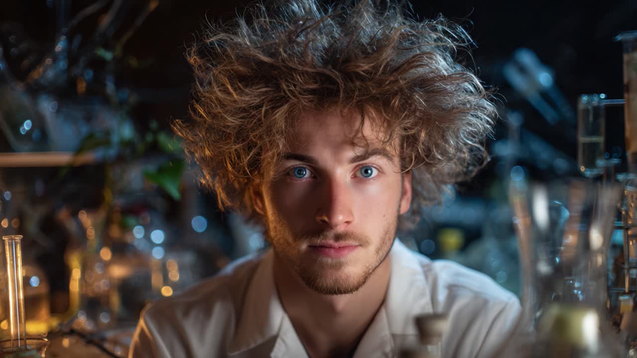 A young scientist reflects in a whimsical lab filled with glassware, showcasing the magic of experimentation and the curious nature of scientific discovery