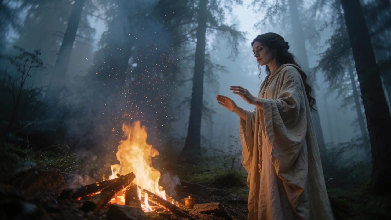 Nebbia fredda che avvolge una donna in veste mentre si scalda le mani a un falò nel bosco, con braci che si alzano, spazio per il testo.