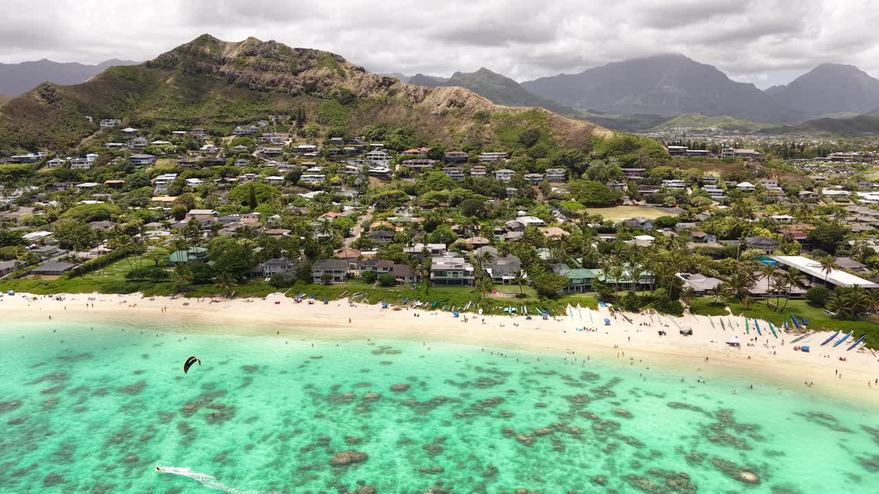 Aerial View of Lanikai Beach, Oahu Island, Hawaii USA. White Sand, Turquoise Ocean Water, Beachfront Buildings and Landscape