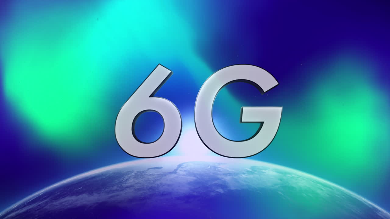 animación de texto plateado 6g, con globo giratorio y luces verdes, en azul oscuro