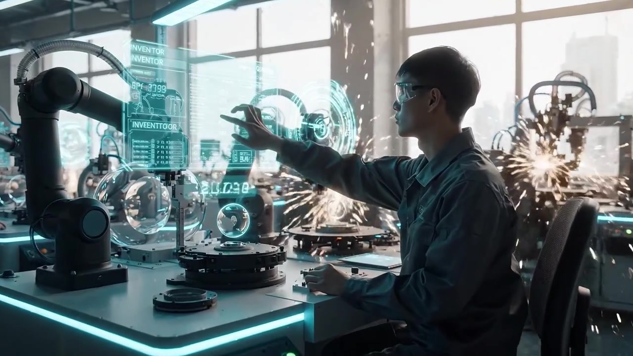 Engineer Interacting with Holographic Display in a High-Tech Factory