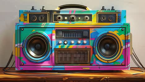 colorful retro boombox on a wooden table