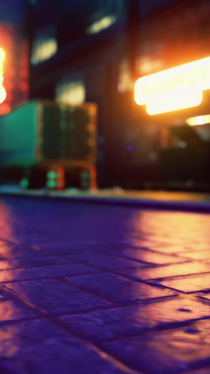 Insegne al neon luminose si riflettono sulla strada acciottolata bagnata in una città vivace