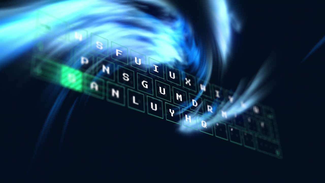 Animation of abstract pattern moving on letters over wave pattern against black background