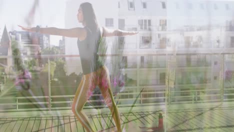 animation of plants over biracial woman practicing yoga