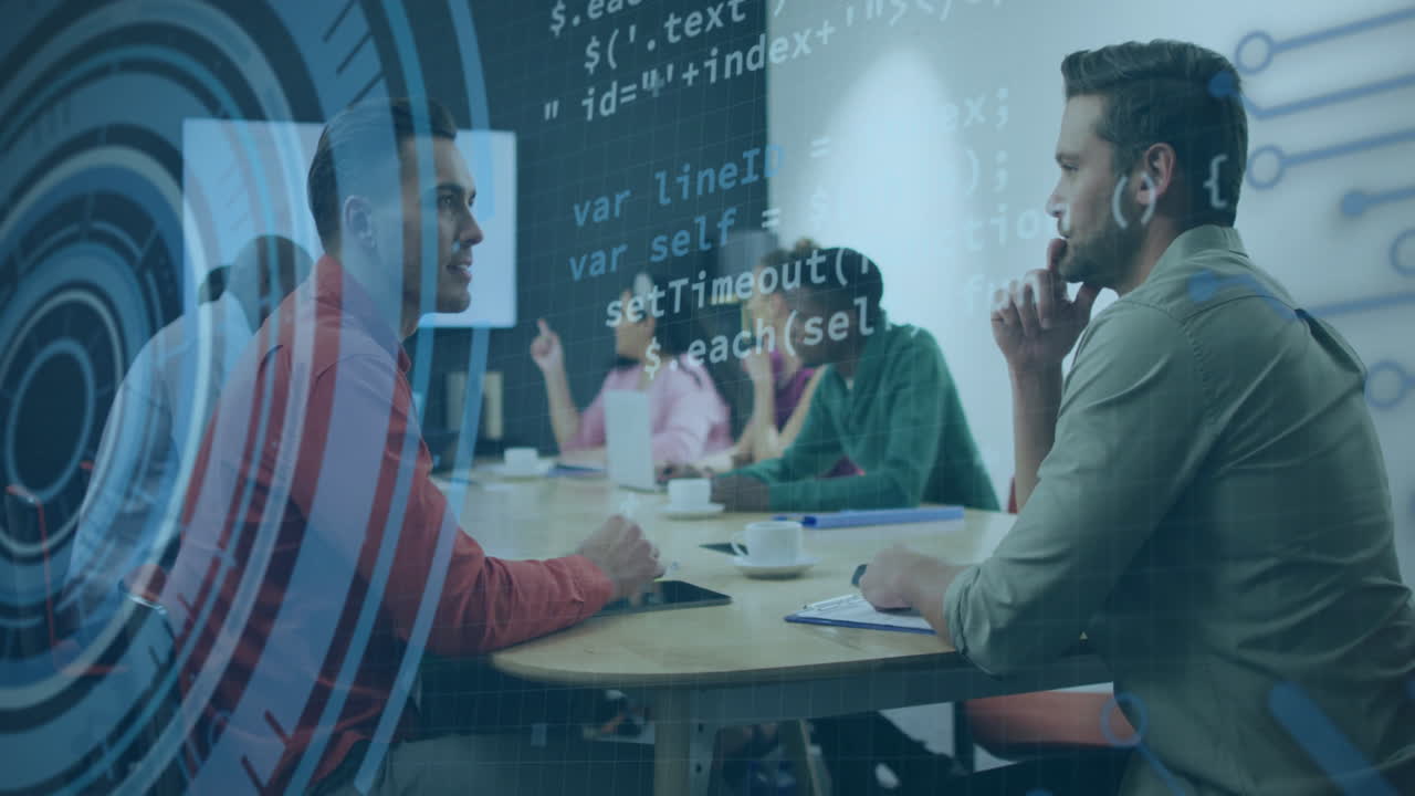 Business meeting with diverse team discussing over programming code animation