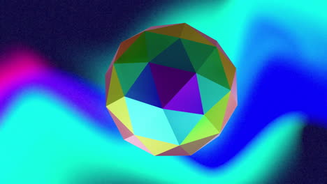 animation of rotating 3d metallic faceted sphere over colourful blurred background