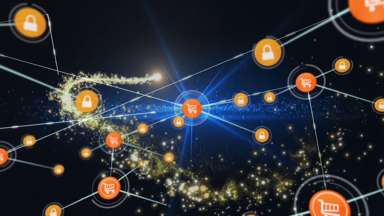 ⁇ 는 별과 검은 바탕 위의 아이콘으로 연결 네트워크의 애니메이션