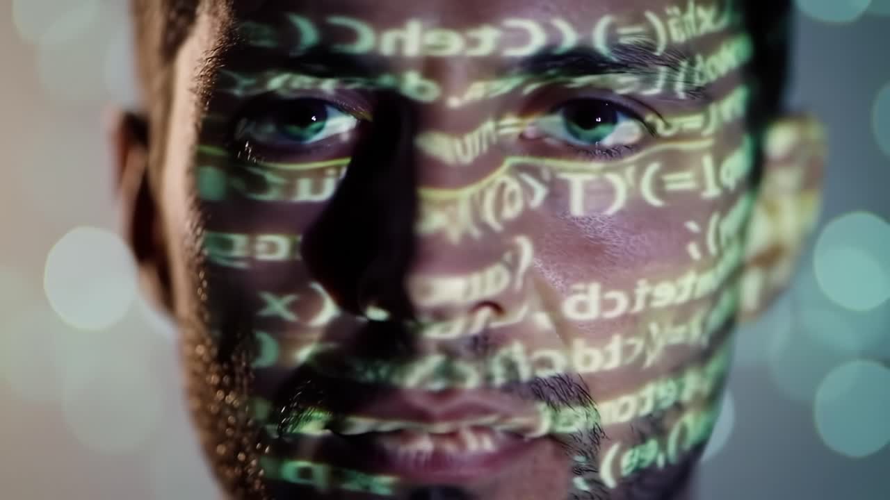 Exploring the Intersection of Technology and Humanity: A Close-Up of a Person with Projected Code Illuminating Their Face in a Modern Digital Aesthetic