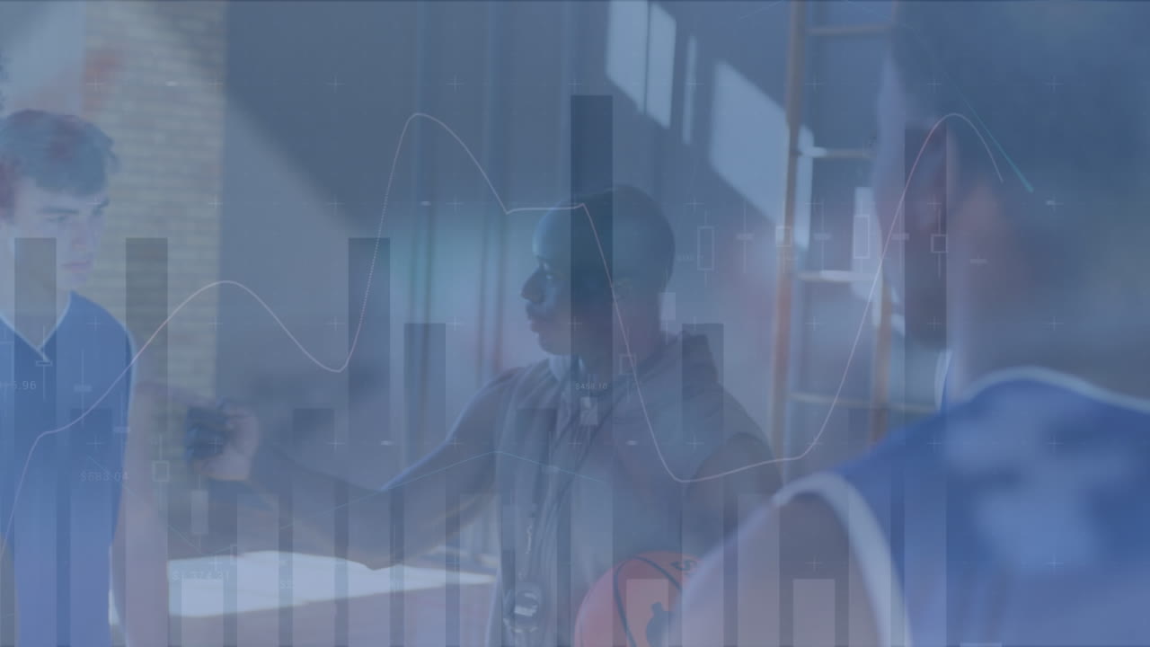 animación del procesamiento de datos financieros sobre varios jugadores de baloncesto