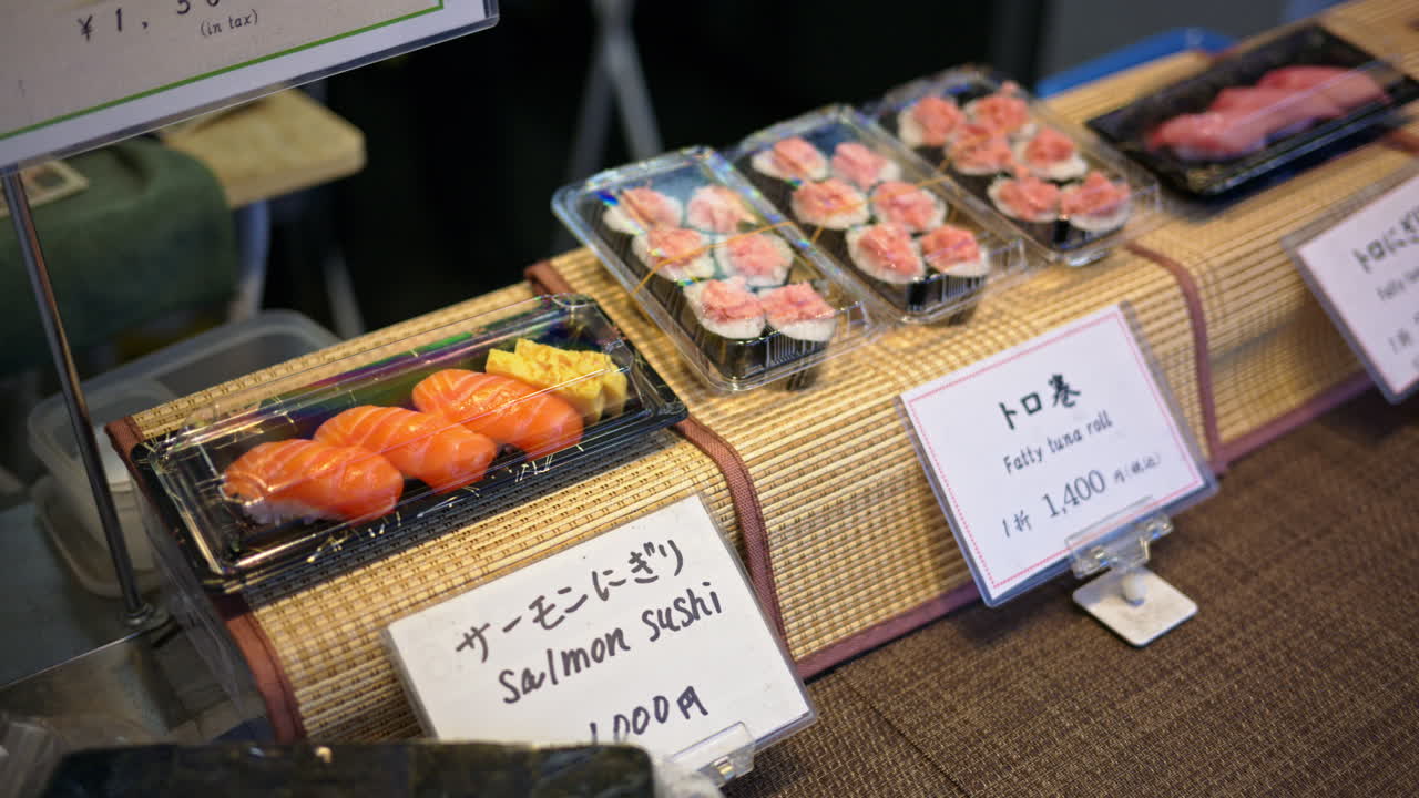 Close up of packed sushi rolls at the Tsukiji Fish Market in Tokyo, Japan