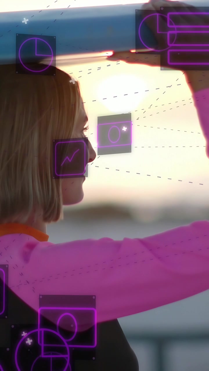 Vertical video: Woman holding blue bar raising overhead, framing sun at sunset, AR charts tracking