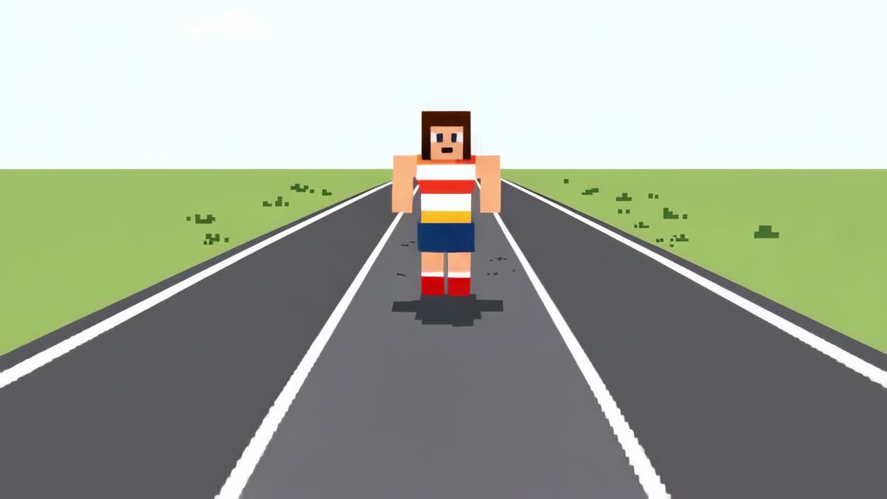 Animated character in vibrant outfit runs energetically down a straight track, showcasing dynamic movement and playful expression, capturing the essence of a lively scene