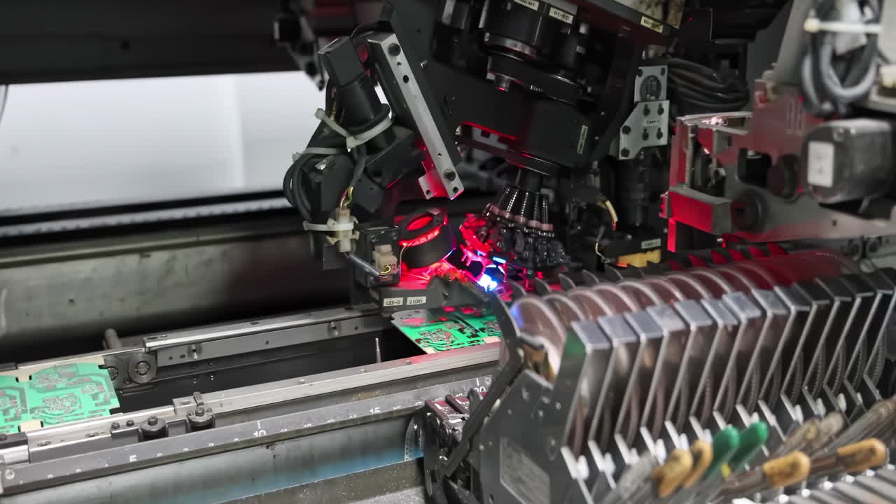 Industrial workshop technology, robotic automation automotive vehicle production factory manufacturing facility assembled engines heavy duty truck with Robot Arms produce components on production line