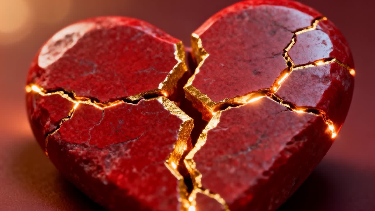 Coração vermelho brilhante revelando um dourado mais quente dentro de rachaduras na mesa conforme os frames progridem, faíscas pulsantes