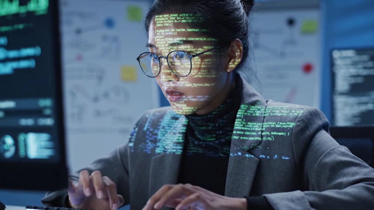 Focused Programmer Analyzing Data with Visual Projections on Her Face, Showcasing Modern Technology and Advanced Analytics in a High-Tech Workspace