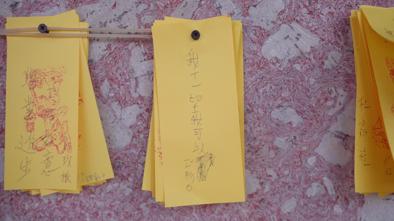 Lots of prayers written on colourful papers hanging on temple wall