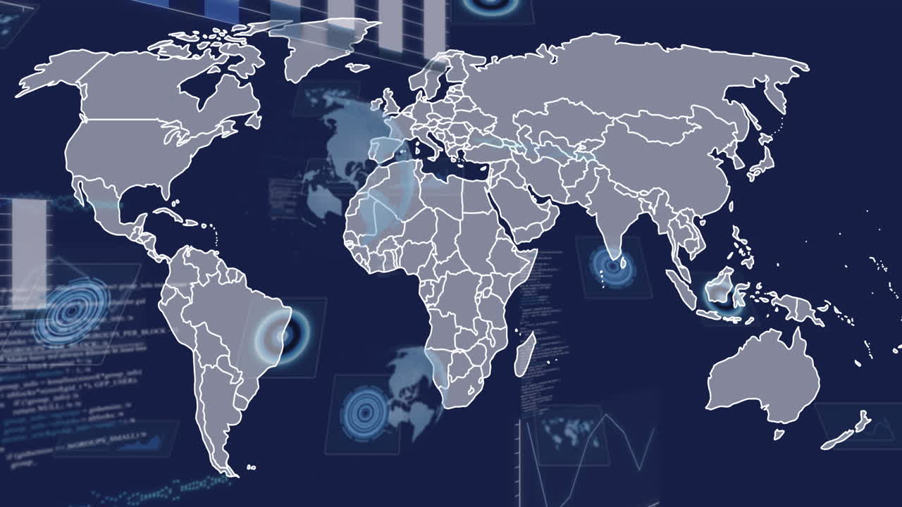 Animation overlaying digital interface elements on world map with data analytics